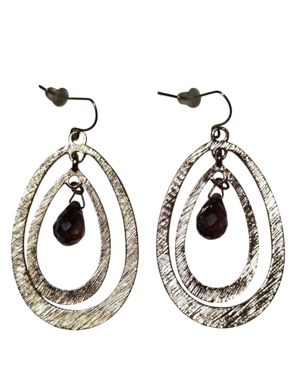 Vintage Teardrop Earrings Faceted Purple Crystal Gold Tone Textured Jewelry